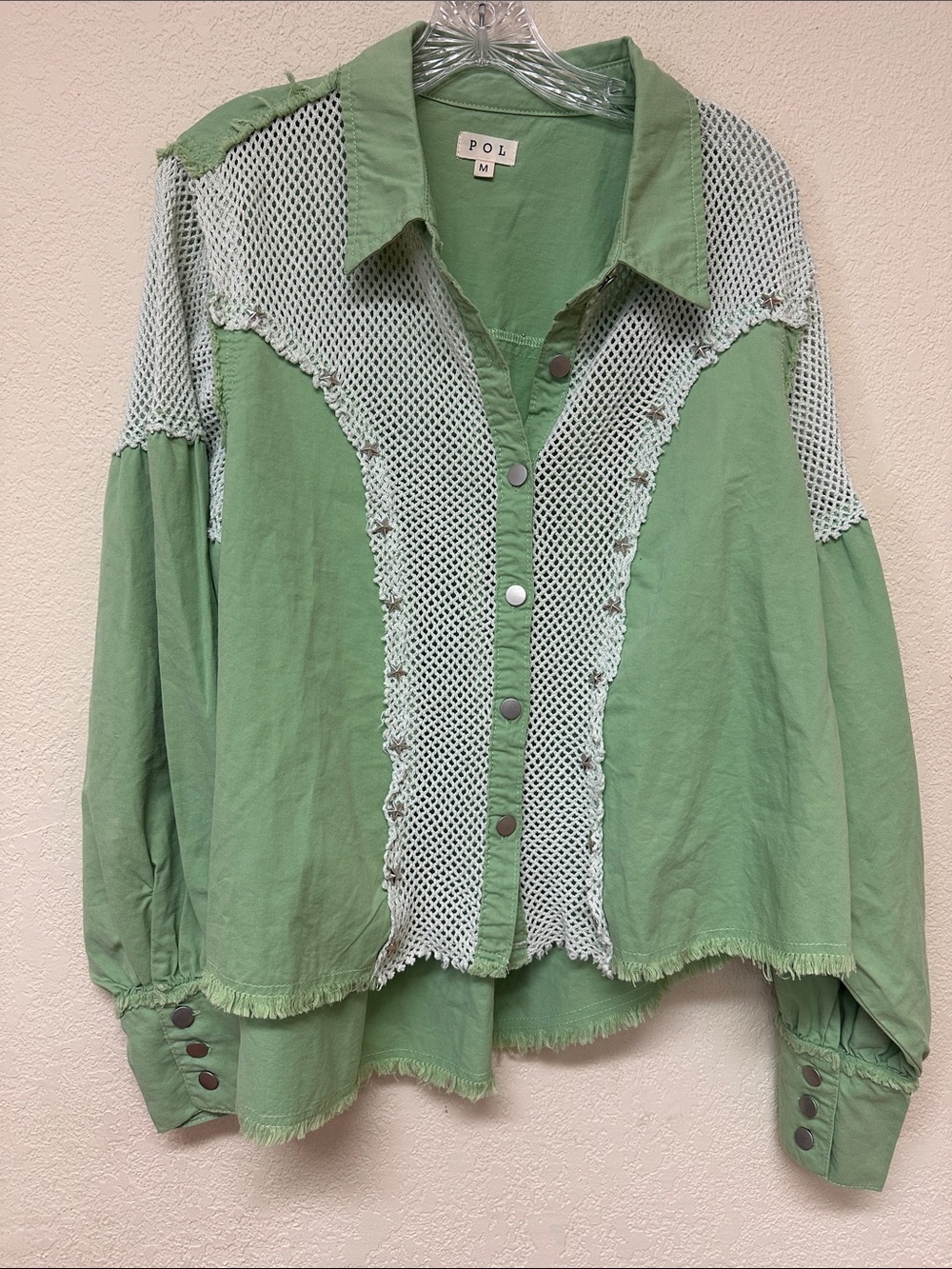 POL Mint Green mesh star embellished Shacket jacket size M